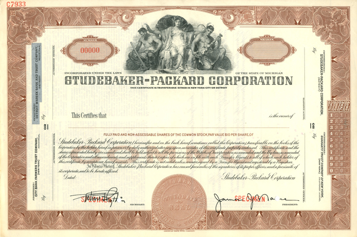 Studebaker-Packard Corporation - Specimen Stock Certificate - Famous Car Maker